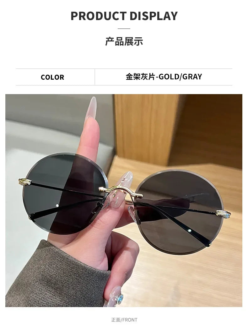 2026 New Fashion rimless circle frame sunglasses for women new alloy oversize gradient knot sun glasses ladies sexy shades uv400
