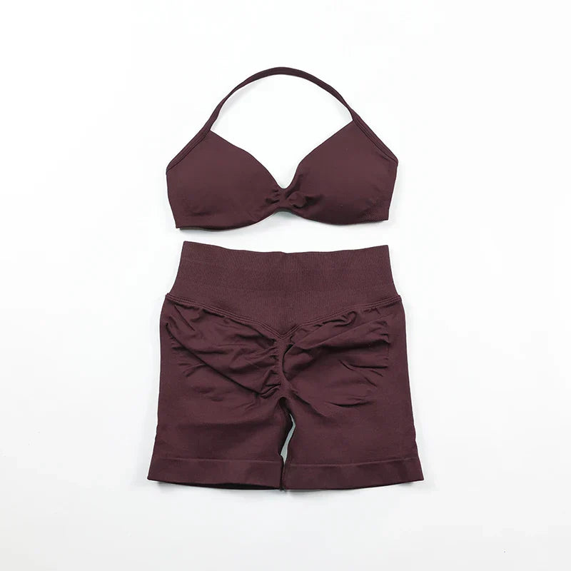Scrunch Seamless Yoga Set Women Sportswear Ribbed Gym Shorts Strappy Sports Bra 2 Piece Set Halter Workout Clothes Fitness Suit