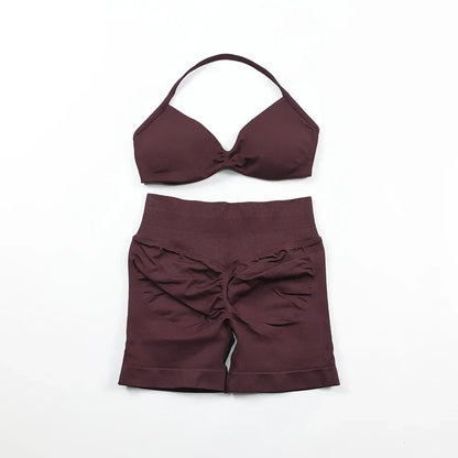 Scrunch Seamless Yoga Set Women Sportswear Ribbed Gym Shorts Strappy Sports Bra 2 Piece Set Halter Workout Clothes Fitness Suit