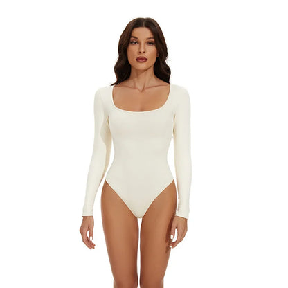 Open Crotch Big U Neck Seamless Bodysuit Long Sleeve Spandex Elastic Body Suit Shapewear Tummy Control Waist Shapers