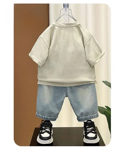 New Summer Casual Boys Clothing Set Handsome Letter Short Sleeve T-shirt + Shorts Jeans Outfit For Kids 2-8 Years Children Suits