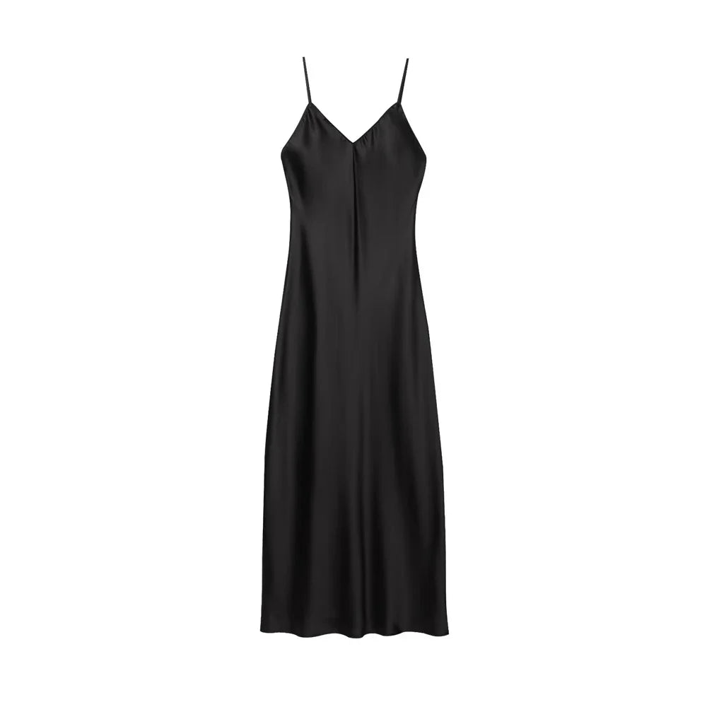 Women's Satin Midi Dress, V Neck, Thin Straps, Backless, Female Dresses, Sexy Fashion
