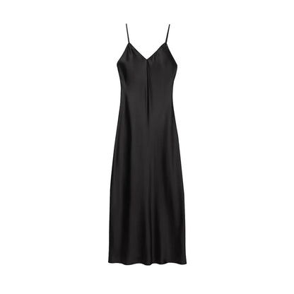 Women's Satin Midi Dress, V Neck, Thin Straps, Backless, Female Dresses, Sexy Fashion