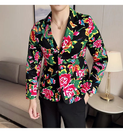 2026 Thin Men's Black Printed Suit Jacket, Asian Size V-Neck Single Button Blazer, Red Nostalgic Style Long Sleeve Cotton Coat.