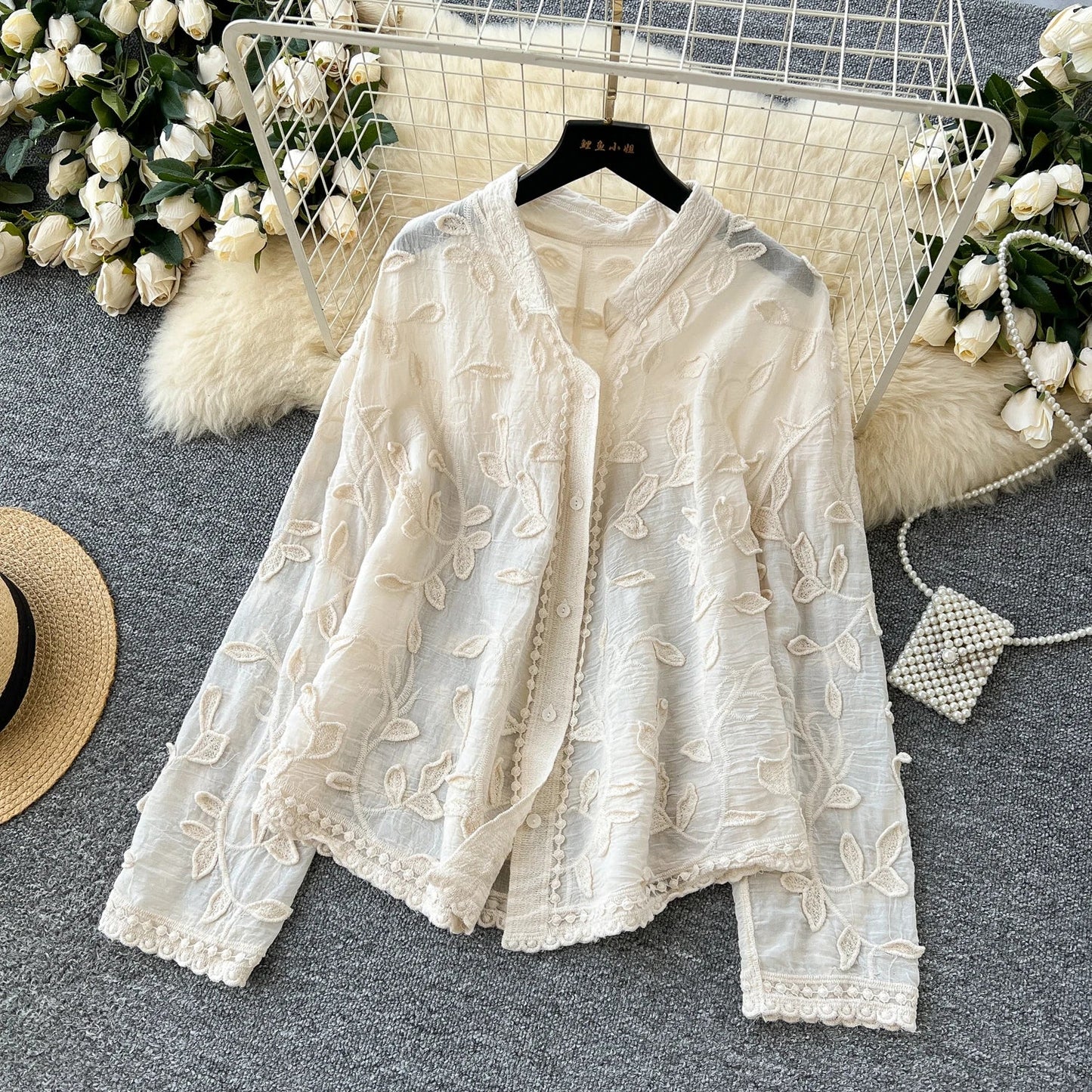 2025 Spring Gentle Women Blouse Leaves Embroidery Single Breasted Long Sleeves Summer Thin Streetwear Casual Shirt