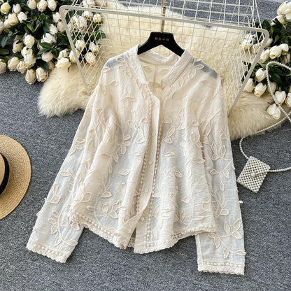 2025 Spring Gentle Women Blouse Leaves Embroidery Single Breasted Long Sleeves Summer Thin Streetwear Casual Shirt
