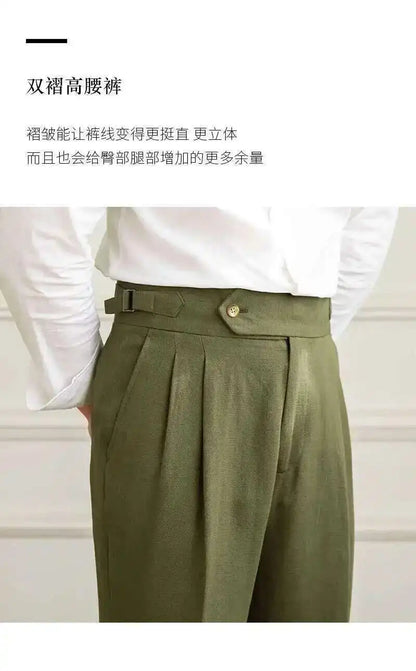 Linen Cotton High Waist Straight Casual Pants Men Versatile Naples Gentleman Pleated Pants High Quality Italian Dress Trousers