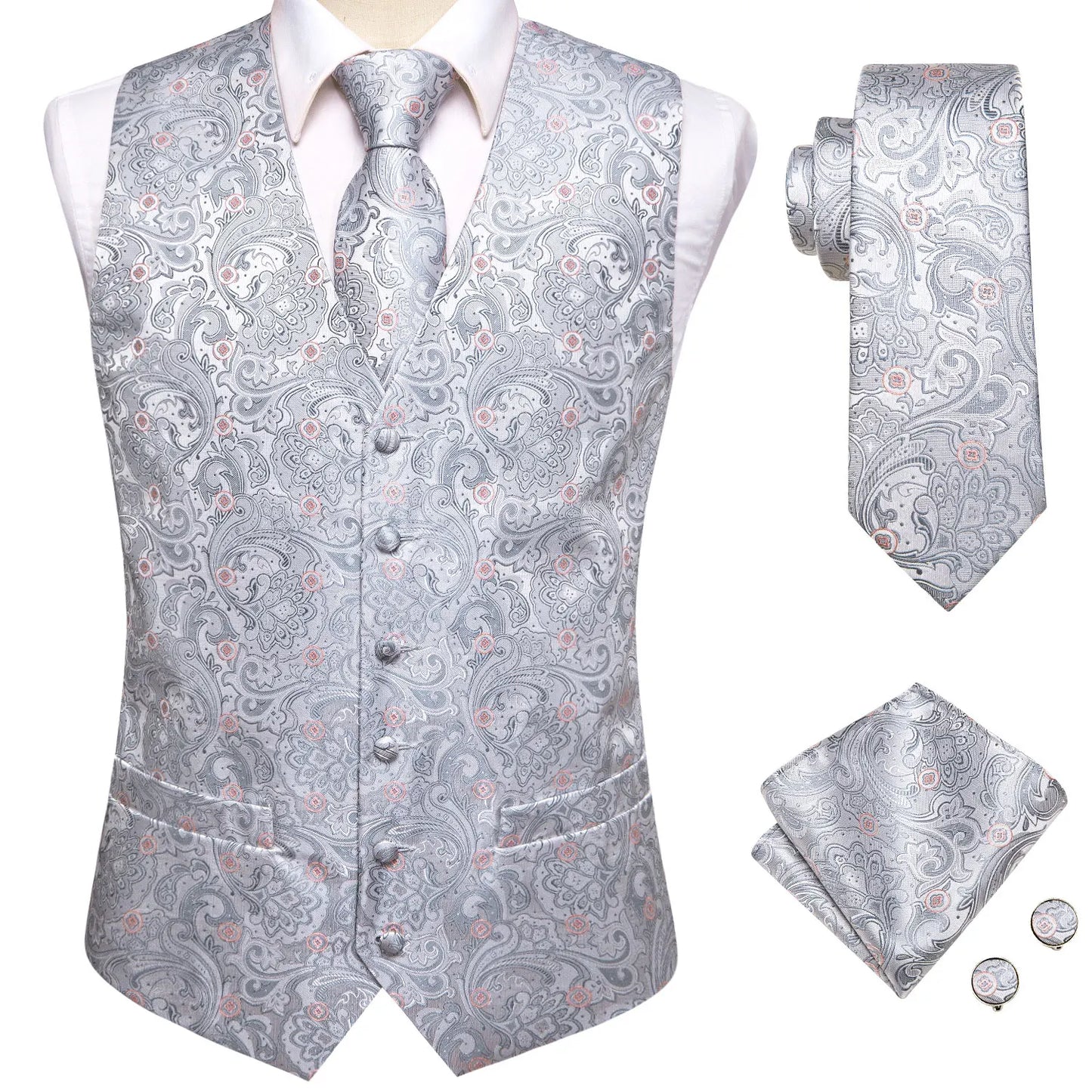 Mens Vests Tie Sets V-Neck Grey Red Purple Blue Green Pink Black Waistcoat Hanky Cufflinks Wedding Business Designer