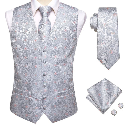 Mens Vests Tie Sets V-Neck Grey Red Purple Blue Green Pink Black Waistcoat Hanky Cufflinks Wedding Business Designer