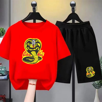 Summer T-Shirt + Shorts Anime Snake Print Boy Black Girl Sets T-Shirt Kids Tops Casual Tees Round Neck Short-Sleeved Top