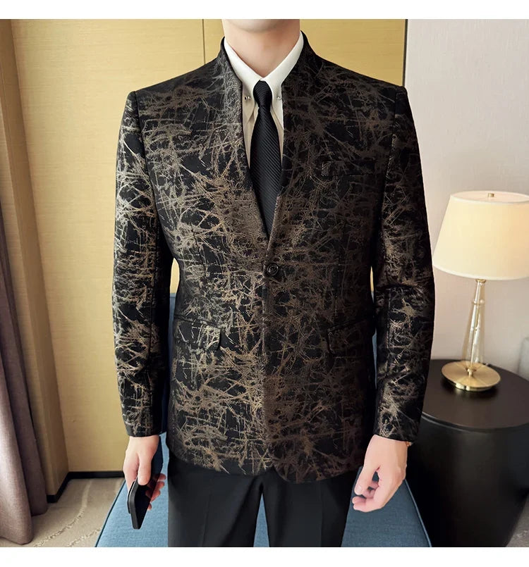 New Chinese Style Stand Up Collar Jacquard Suit Coats Men Slim Business Casual Fashion Suits Jacket Formal Social Party Tuxedos
