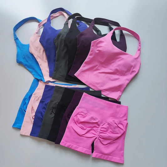 Sexy Halter Neck Beautiful Back High Waist Peach Sports Bras Shorts Suit Pilates Gathering Yoga Vest Training Fitness Bra Sets