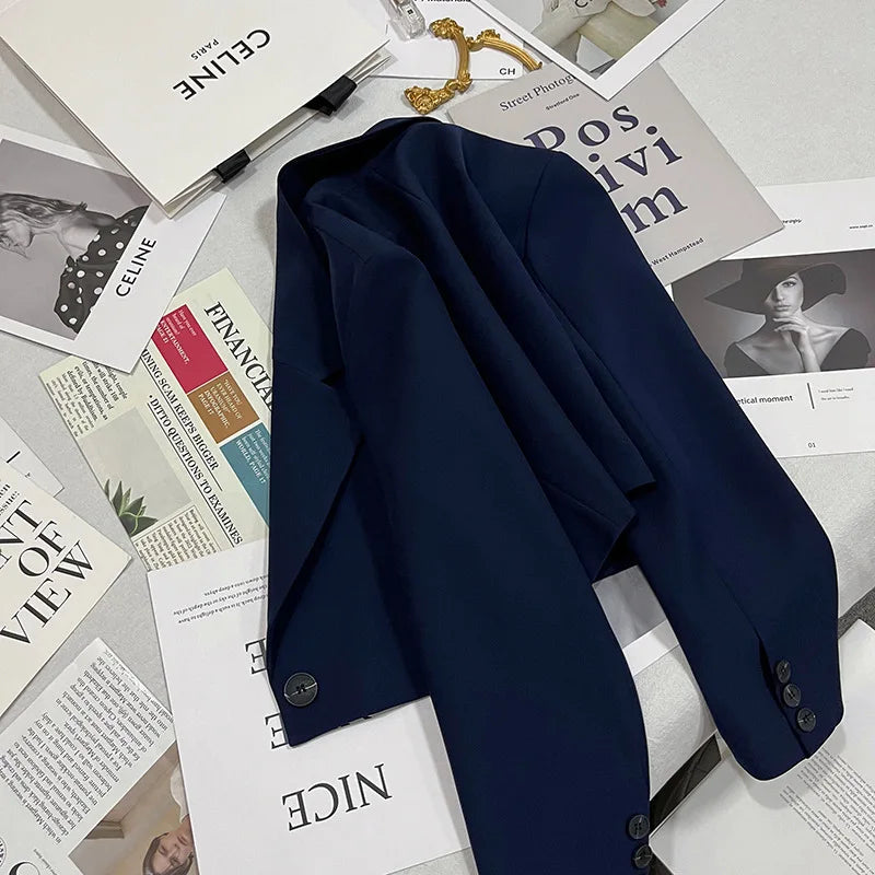 Autumn Solid Color Cropped Suit Jacket for Women Turn Down Collar Single Button Blazer Female Casual Office Lady Blazers Coat