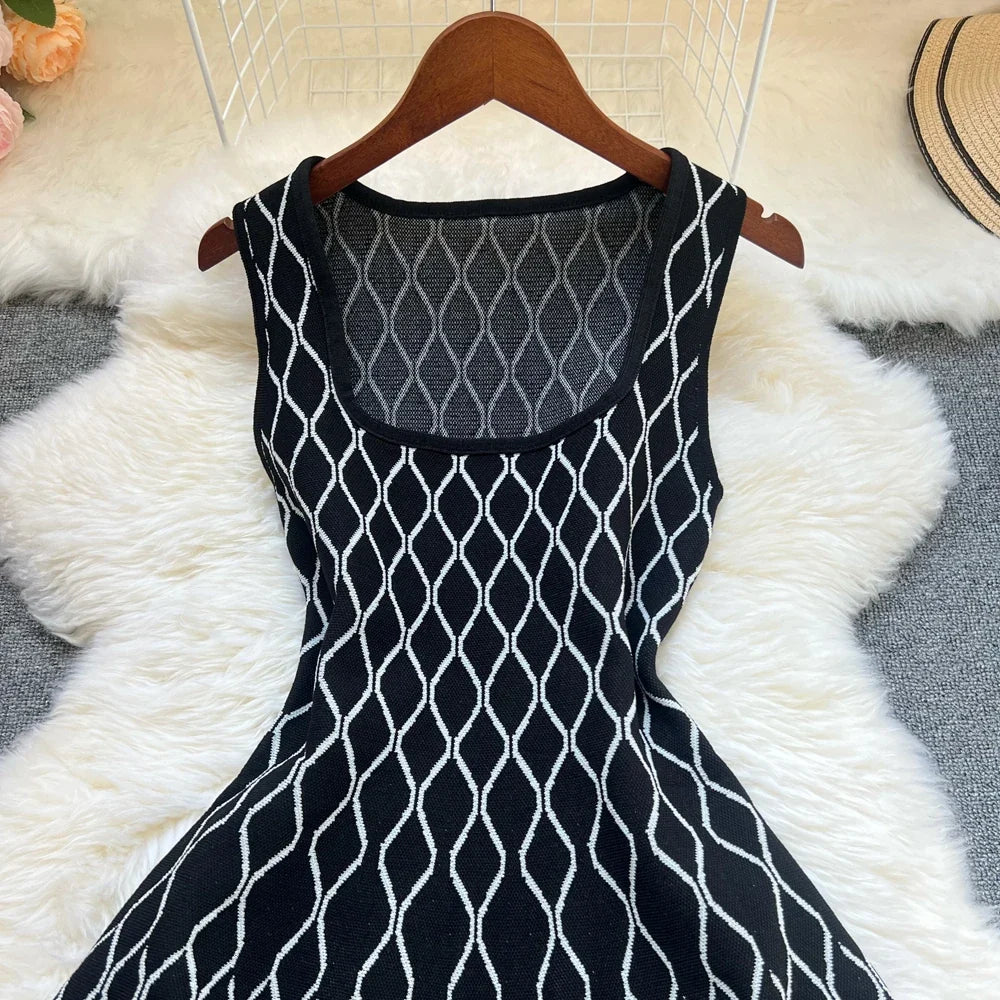 Brand Fashion A-line Short Women Dress Elegant Y2K Geometric Knitted Summer Dress Female Harajuku Black Party Vestidos