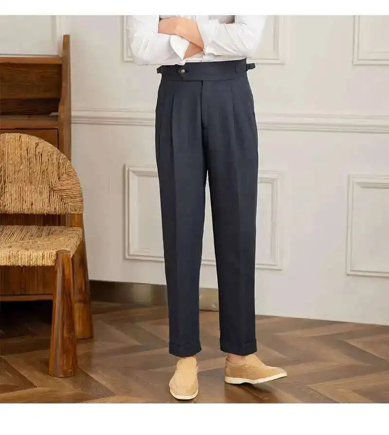Linen Cotton High Waist Straight Casual Pants Men Versatile Naples Gentleman Pleated Pants High Quality Italian Dress Trousers
