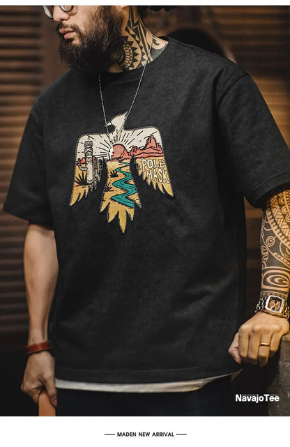 Vintage Style Thunderbird Print T-Shirt Men's Summer Heavyweight Embroidered Short Sleeve Tee Navajo Crew Neck Street Tops
