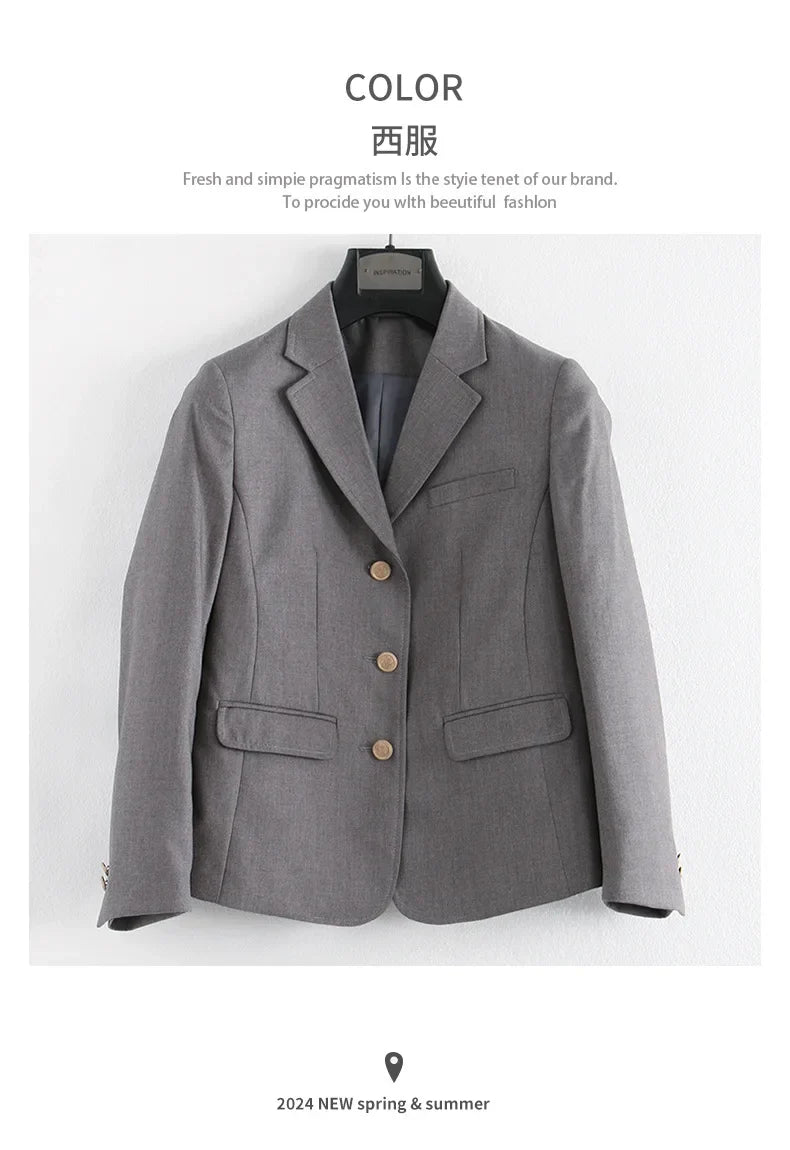 Preppy Style Slim Fit Solid Blazer Woman Double Button Turn-Down Collar Blazers Women Spring Autumn Basic Student JK Suit Coat