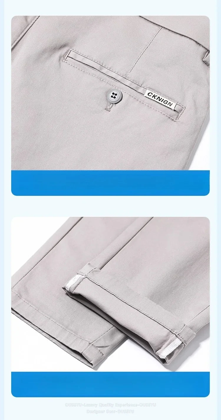High Quality Summer Men's White Ankle Length Casual Pants 97%Cotton Breathable Straight Business Slim Work Chino Trousers Man