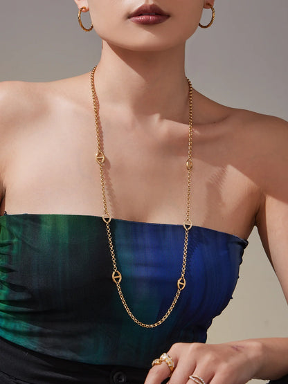 80cm Long Necklace for Women 18k Gold Plated Stainless Steel Chain Necklaces Inlaid Zircon Charm Sweater Chains Necklace