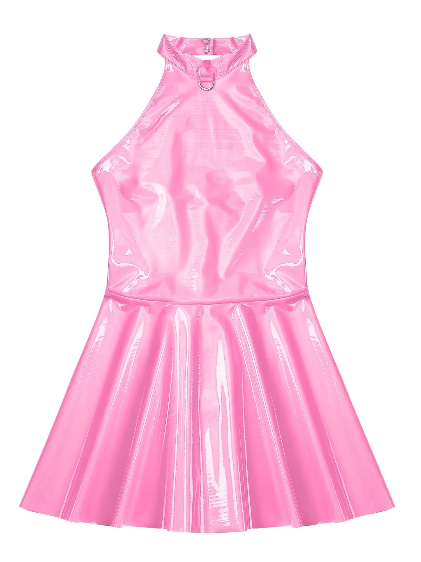 Womens Glossy Patent Leather Glossy Mini Skater Dress Halter Backless Bodycon Lingerie A-Line Dresses Rave Disco Party Clubwear