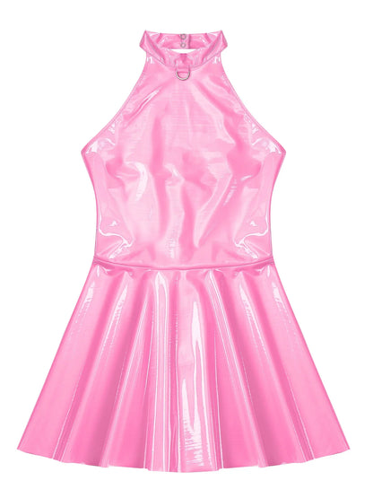 Womens Glossy Patent Leather Glossy Mini Skater Dress Halter Backless Bodycon Lingerie A-Line Dresses Rave Disco Party Clubwear