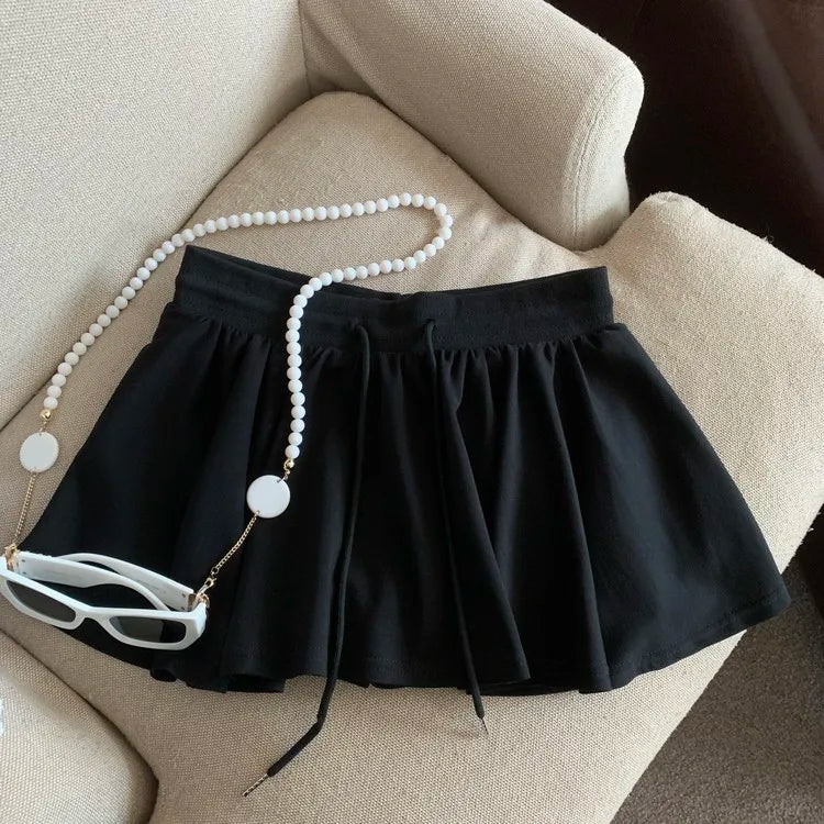 Summer Women Sports A Line Skirts for Women Summer High Waist Drawstring Solid Mini Skirts Female Sweet All Match Ballet Skirts