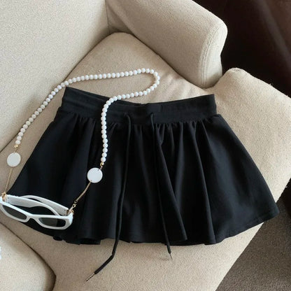 Summer Women Sports A Line Skirts for Women Summer High Waist Drawstring Solid Mini Skirts Female Sweet All Match Ballet Skirts