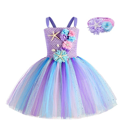 Girls Mermaid Tutu Dress Under the Sea Theme Birthday Party Carnival Costumes with Flower Headband Ocean Halloween Dresses 1-12Y