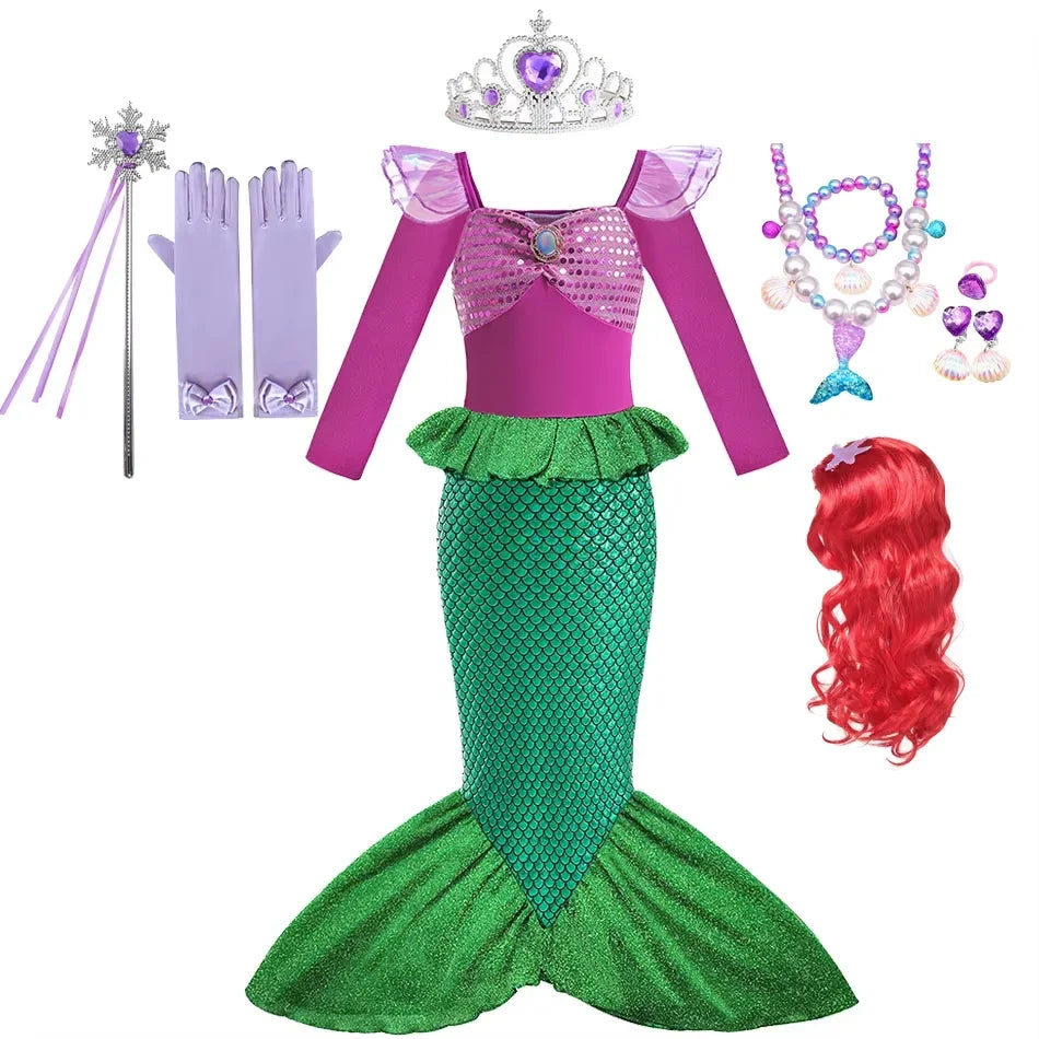 Ariel Little Mermaid Short Sleeve Tulle Dress for Girls Cosplay Princess Costume Carnival Birthday Party Outfit 2-8Y Vestido