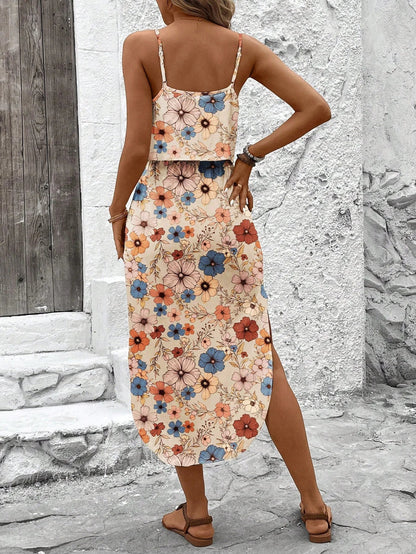 Women's Summer Spaghetti Strap Dress with Belt & Side Slit - Casual Sleeveless Flowy Dress