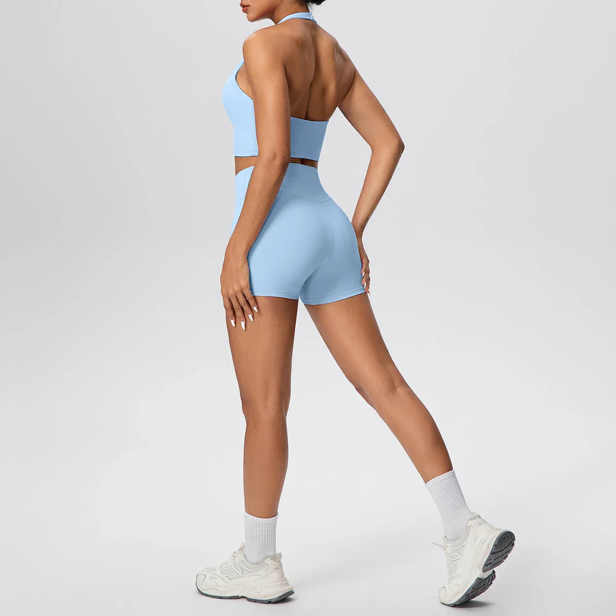2picese Women Yoga Suit Solid Color High Waist Hip Push Up Fitness Shorts Sexy Pilates Backless Gym Hanging Neck Bra Yoga Set