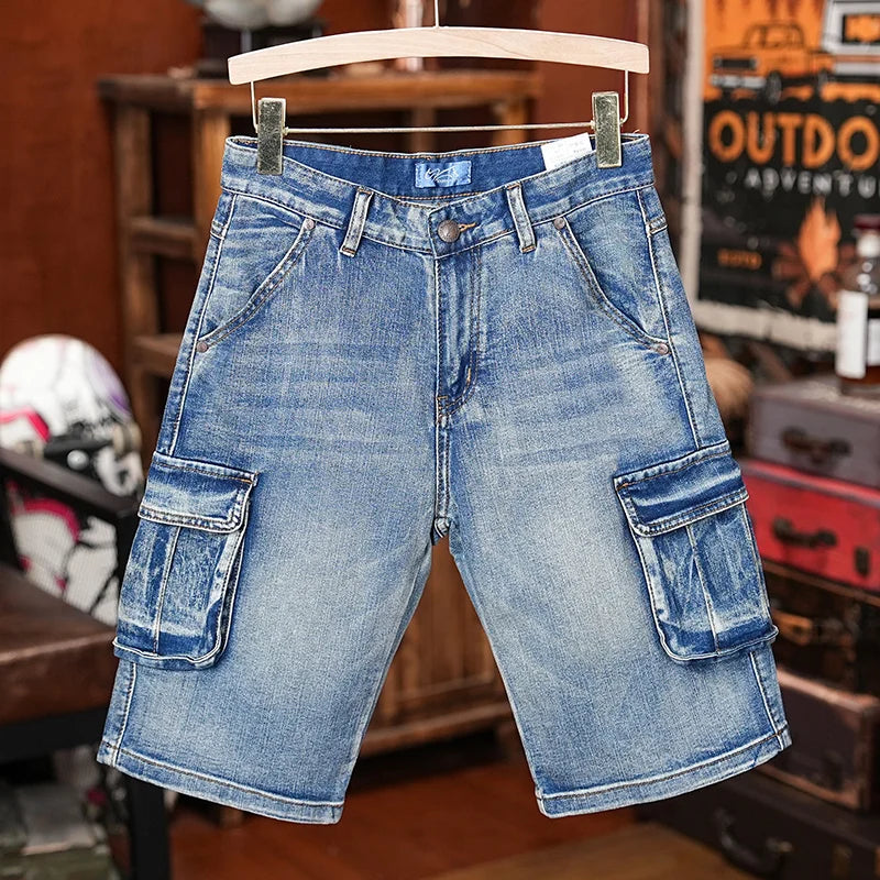 American Style Workwear Denim Shorts Summer Elastic Outdoor Trendy Brand Multi-pocket Loose Shorts Y2k Street Knee-high Pants