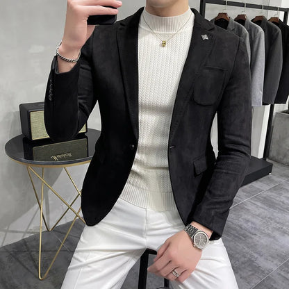 Men's Deerskin Fleece Suit Jacket 2025 Spring New High Quality Single Button Slim Fit Business Casual Suit Coat  Men Clothing