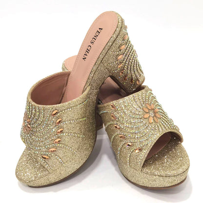 Women's Shoes High Heels Sexy Ladies Party Wedding Pattern Embroidery Mules Shoes and Bags Set for Italian 2023