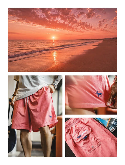 Men's American Retro Embroidered Woven Beach Shorts Lightweight Thin Five Inch Amekaji Style Daily Casual Summer Trousers