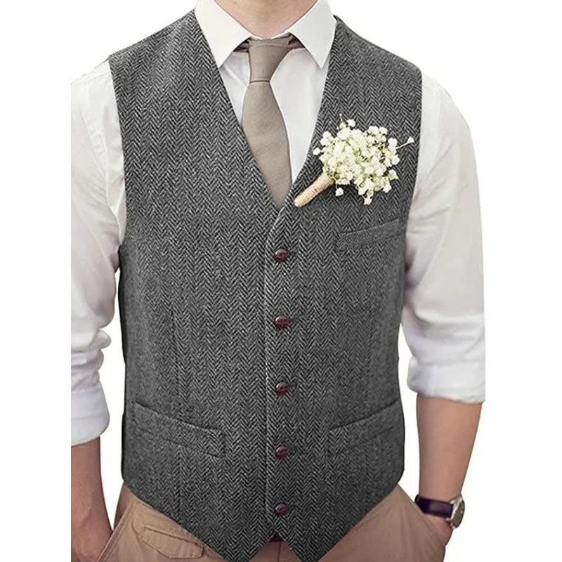 Men Vest Silver Herringbone V Neck Single Button Waistcoat For Wedding Banquet Birthday Business Casual Work Men Suit