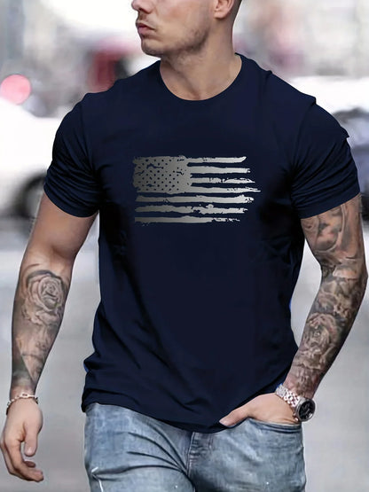 Men's summer 100 cotton fashionable casual loose plus size American flag printed sports round neck short sleeved T-shirt top
