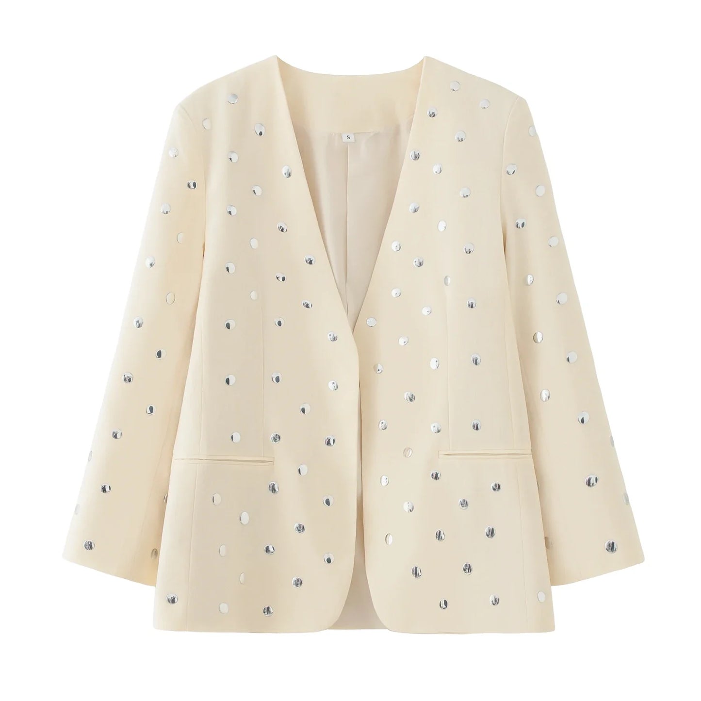 Women's Rivet Decoration Casual Blazer Long Sleeve V Neck Beige Spring Fall Coat