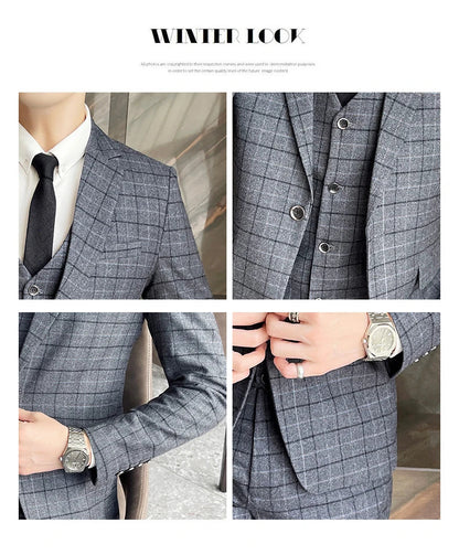 Men's High-Quality Cotton Texture Wedding Suit Set - Plaid Pattern Business Casual Three-Piece Vest Trousers Ensemble