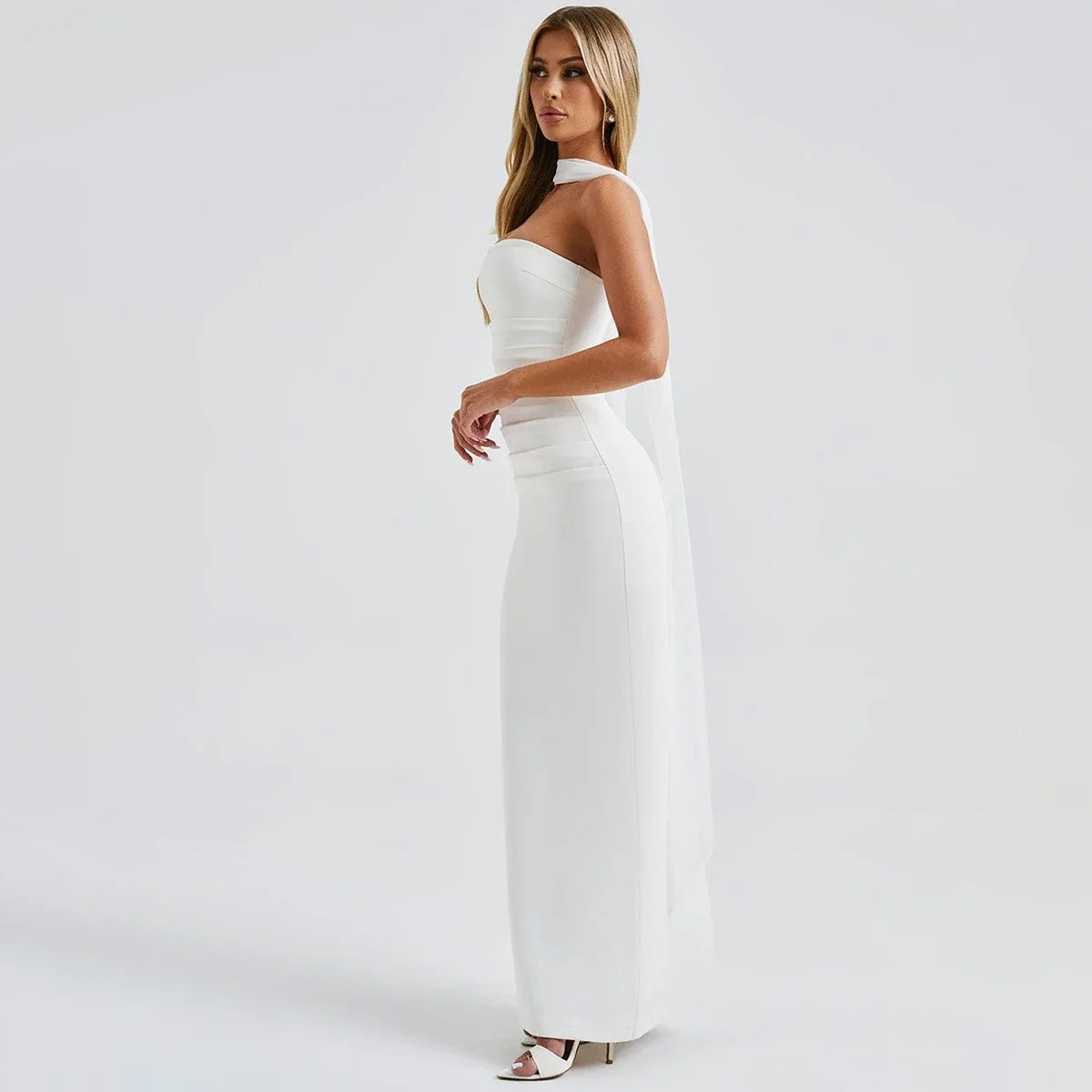 Elegant Scarf Strapless Solid Mesh Gloves Sexy Bodycon Maxi Prom Dress Women Fashion Y2K Outfits Wedding Party Birthday
