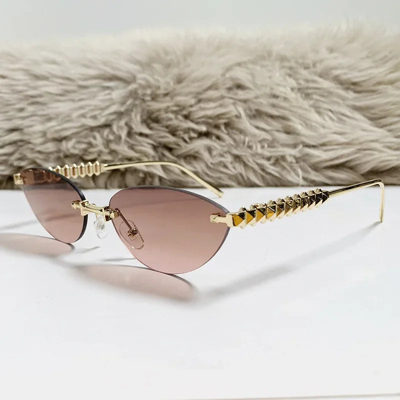2026 Cat Eye Rivet Rimless Sunglasses Women Luxury Fashion Brand Oval Narrow Sun Glasses Shades Trendy Elegant Unique Eyewear