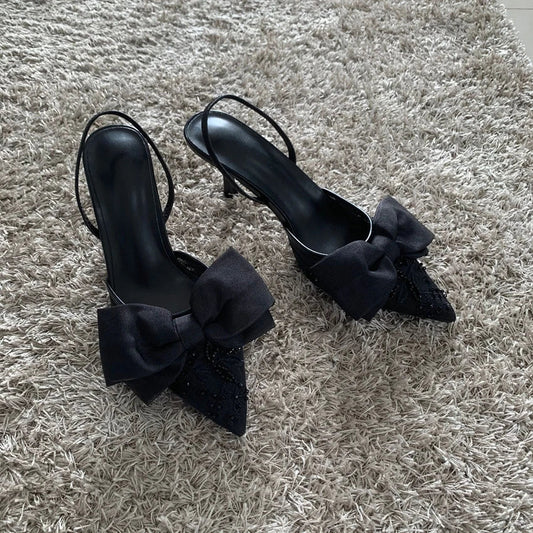 New Designer Thin High Heels Women Bow String Bead Pointed Slingback Mules Pumps Mesh Embroider Elegant Dress Sandals Female