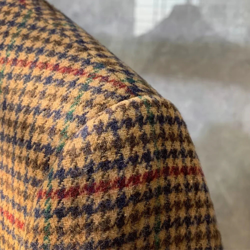 Vintage British Windsor Men's Tweed Blazer Slim Fit Houndstooth Plaid Wool Suit Thick for Autumn Winter