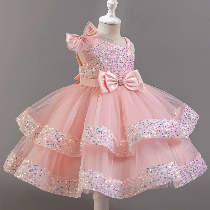 Fashion Birthday Dress Lace Mesh Bow Kids Girls Sequin Dress Summer Children Clothing Princess Ball Gown Pageant 1-6 Years