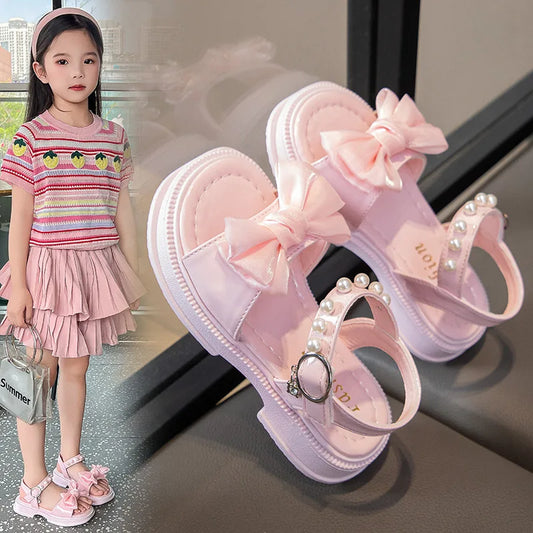 2026 Girls Sandals Kids Soft Soles Casual Princess Shoes New Water Diamond Beach Shoes Bow Shaped Girl Sandals