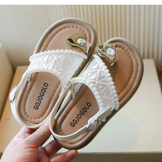 2025 Summer New Children Princess Pearl Cool Slippers for Girl Anti Slip Beach Sandals Toe Covering Casual Versatile Style Flats