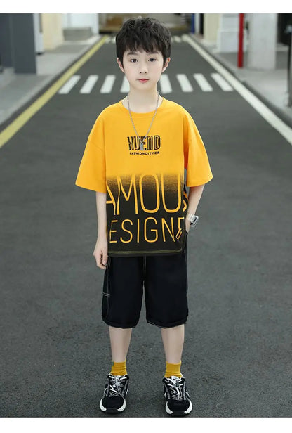 Summer Boys Cotton Contrast Alphabet t-Shirt Tops+Denim Shorts Pant School Kids Tracksuit Child 2PCS Outfit Workout Set 5-16 Yrs