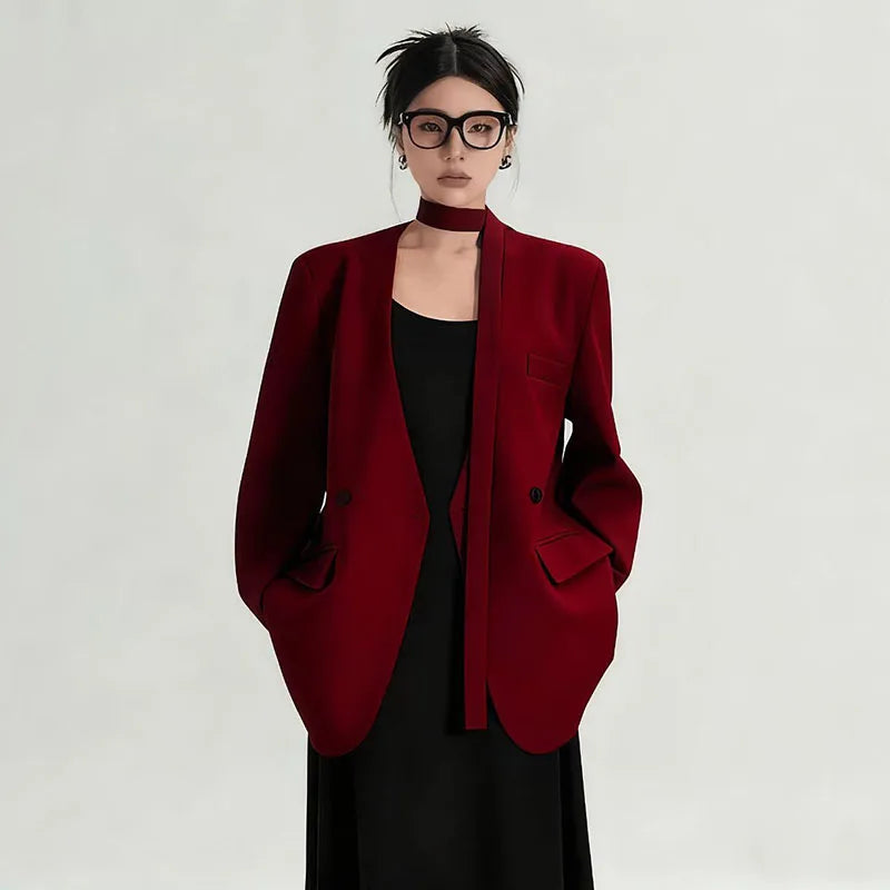 Fashion Collarless Blazers Jacket Ladies Korean Streetwear Design Belt Temperament Blazer Woman Chic Long Sleeve Loose Suit Coat