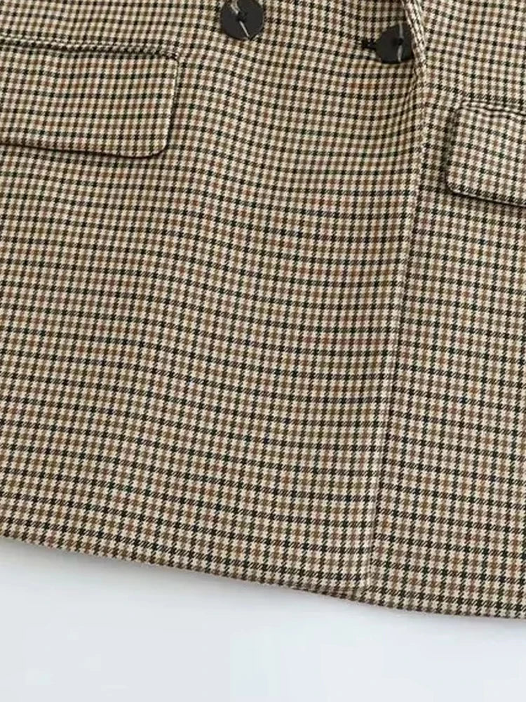 Women Fashion Double Breasted Plaid Blazer Coat Vintage Long Sleeve Flap Pockets Female Outerwear Chic Vestes Femme