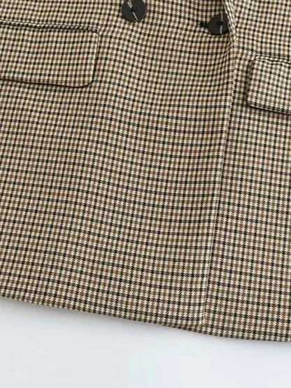Women Fashion Double Breasted Plaid Blazer Coat Vintage Long Sleeve Flap Pockets Female Outerwear Chic Vestes Femme